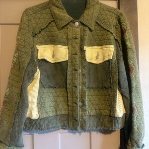 POL Green Quilted Jean Jacket with Cream Accents